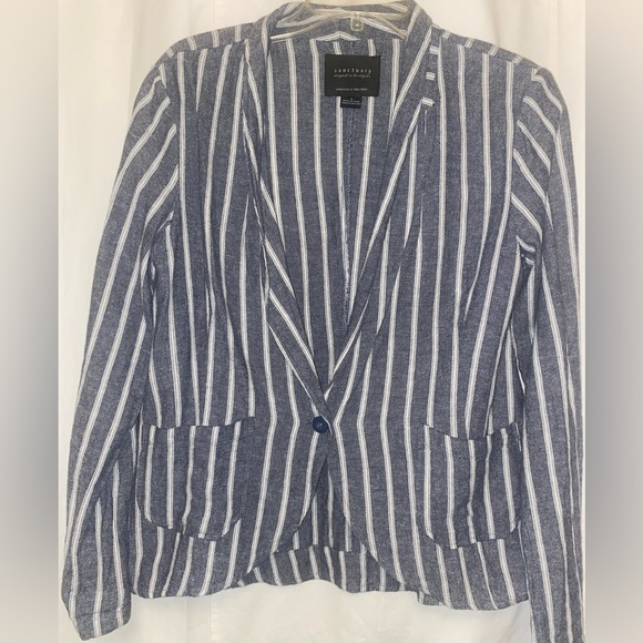 Anthropologie Sanctuary Linen Comfy Soft Chambray White Striped Blazer Small - Picture 3 of 9